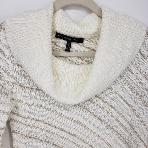 White House Black Market Asymmetrical Cowl Neck Striped Sweater XS Cream Gold - Picture 6 of 7